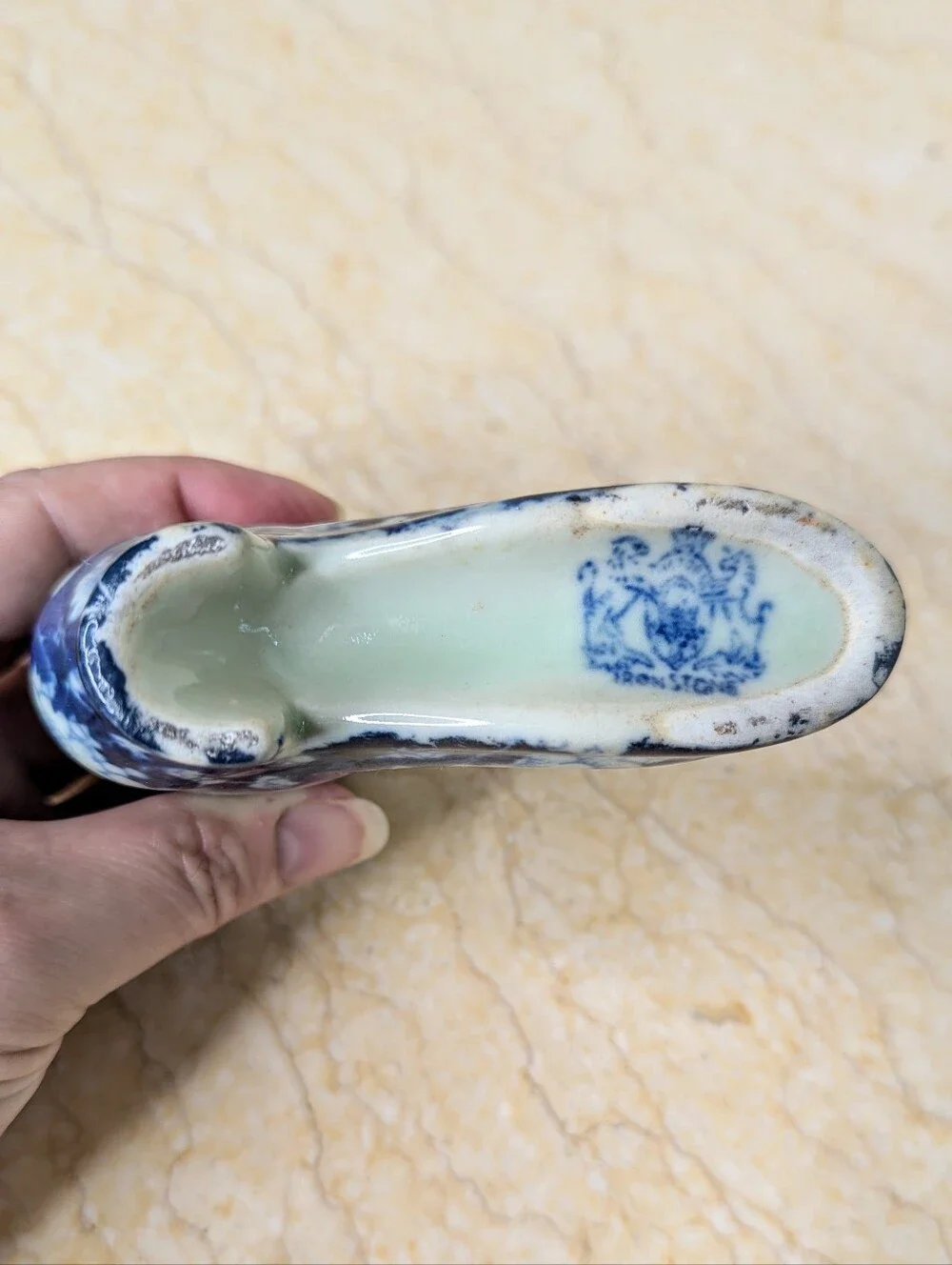 Vintage Ironstone Blue & White Chintz Floral Chinoiserie Mini Boot Vase Stamped